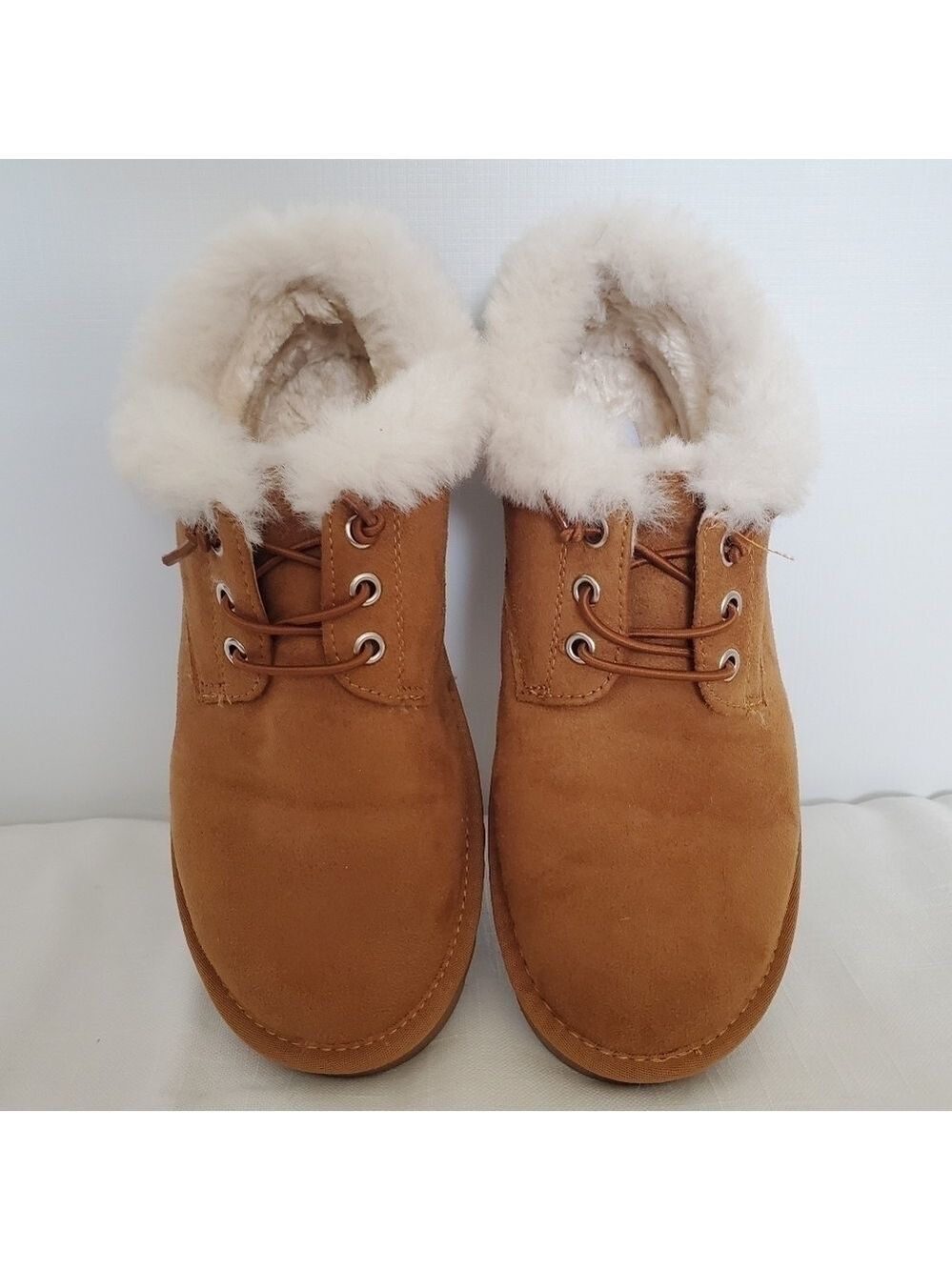 CUSHIONAIRE 'HOPE' ANKLE BOOTIES SLIP-ON SUEDE FAUX-SHEARLING CHESTNUT WOMEN 7.5 - Picture 3 of 12